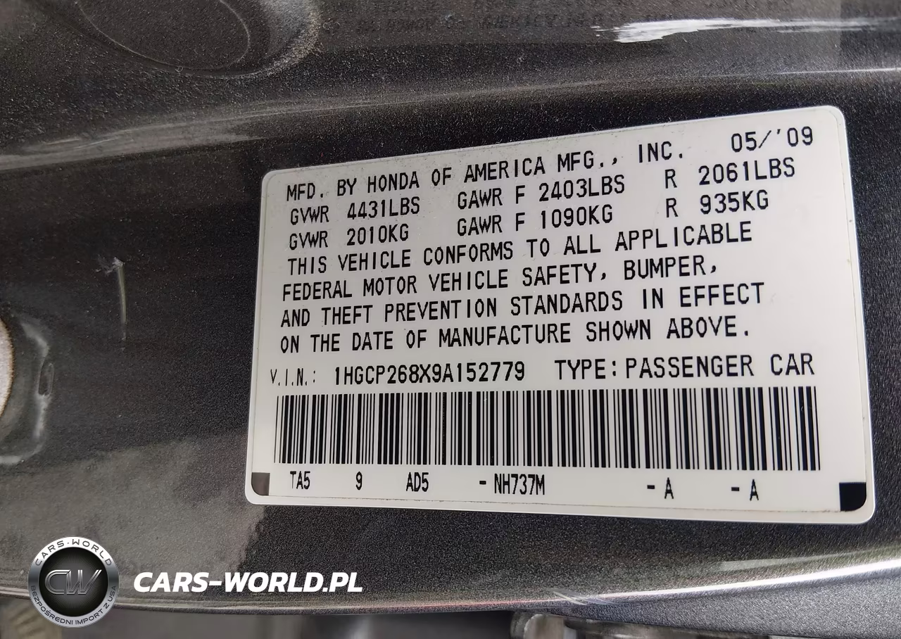 2009 Honda Accord 2.4 Ex-L VIN:1HGCP268X9A152779 - 9