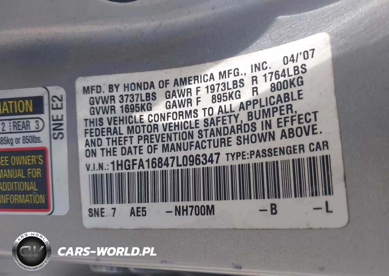 2007 Honda Civic Ex VIN:1HGFA16847L096347 - 9