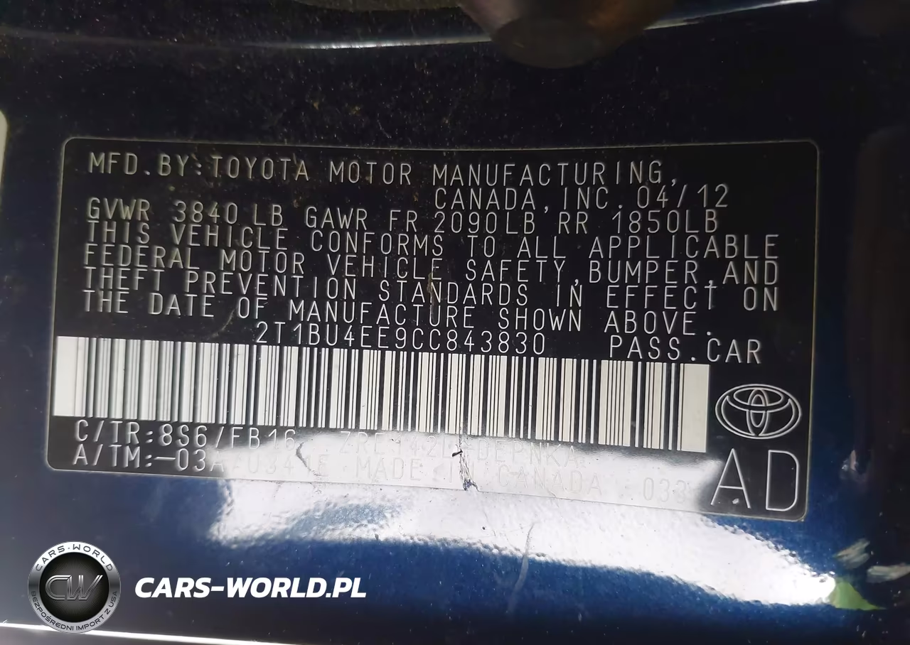 TOYOTA COROLLA VIN:2T1BU4EE9CC843830 - 9