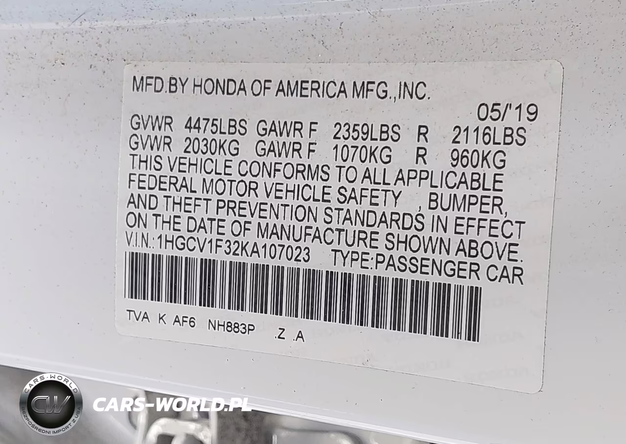2019 Honda Accord Sport VIN:1HGCV1F32KA107023 - 9