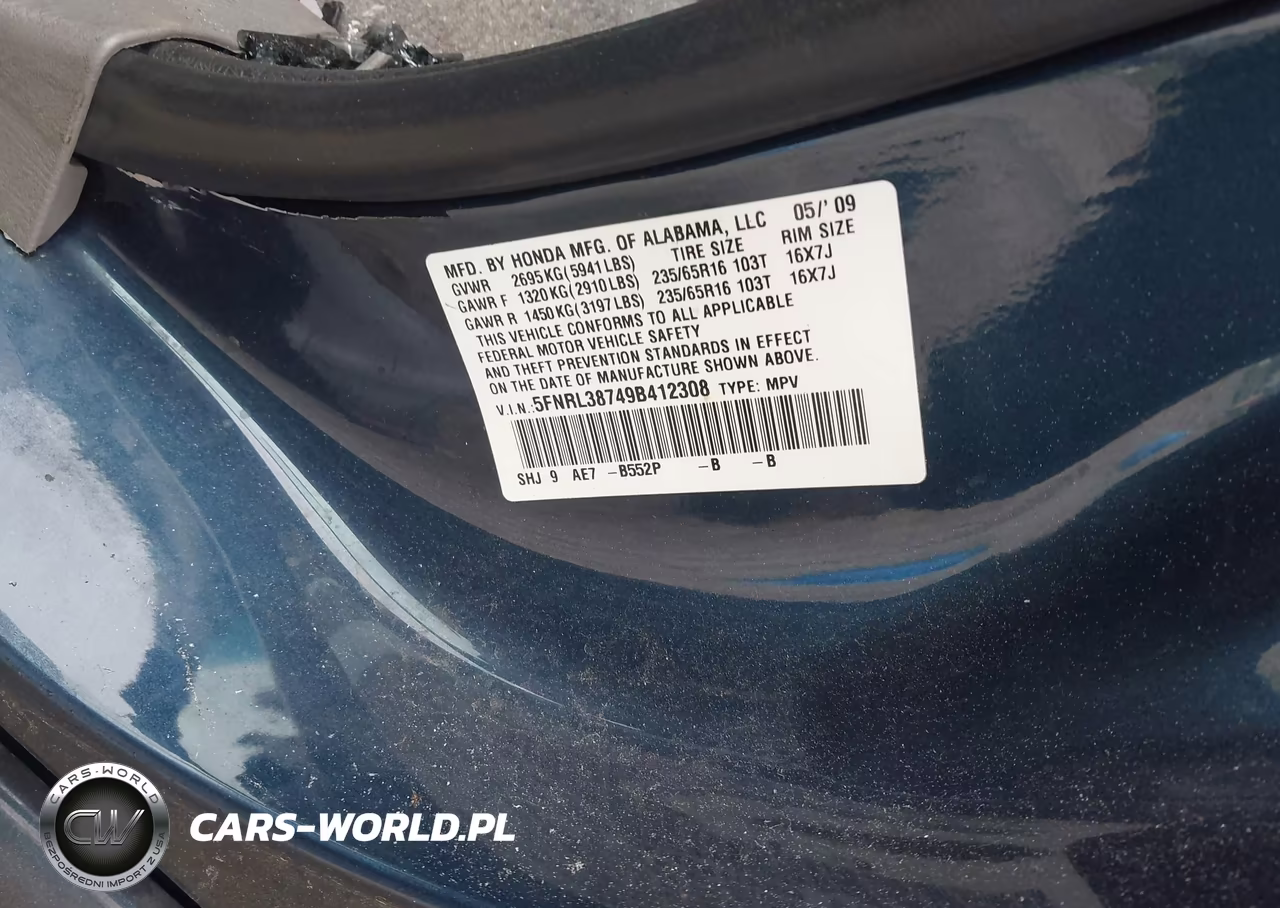 2009 Honda Odyssey Ex-L VIN:5FNRL38749B412308 - 9