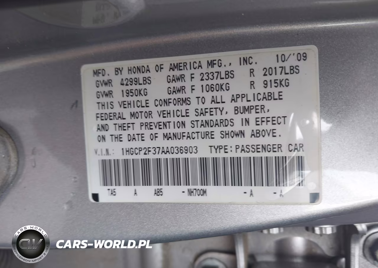 2010 Honda Accord 2.4 Lx VIN:1HGCP2F37AA036903 - 9