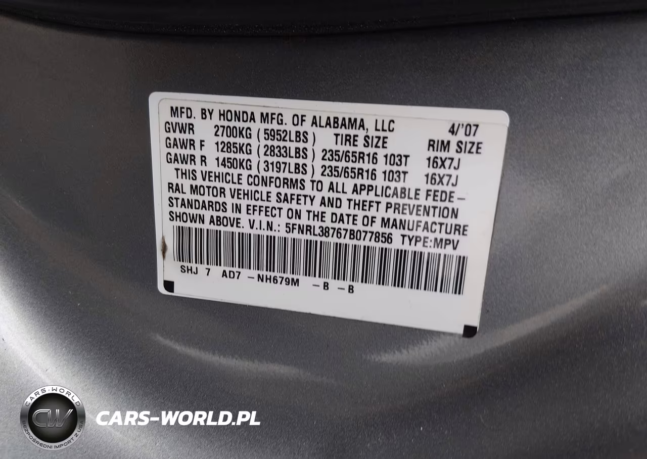2007 Honda Odyssey Ex-L VIN:5FNRL38767B077856 - 9