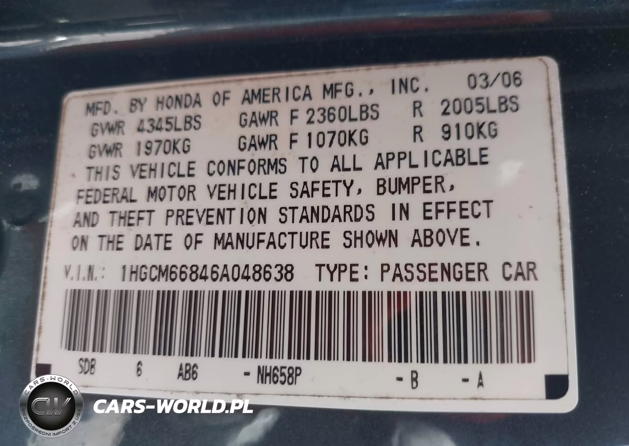 2006 Honda Accord 3.0 Ex VIN:1HGCM66846A048638 - 9