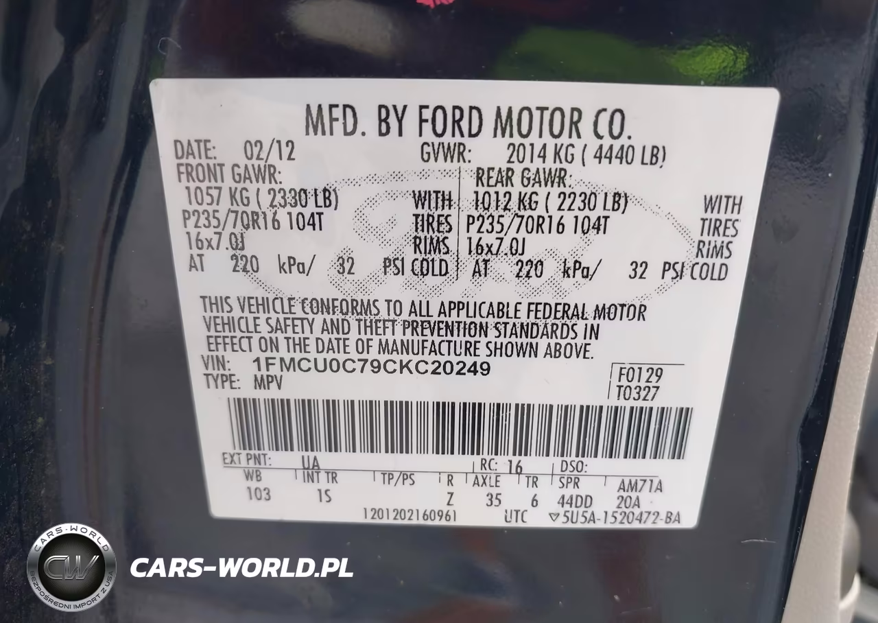 2012 Ford Escape Xls VIN:1FMCU0C79CKC20249 - 9