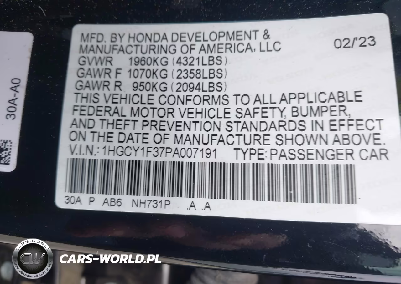 2023 Honda Accord Ex VIN:1HGCY1F37PA007191 - 9
