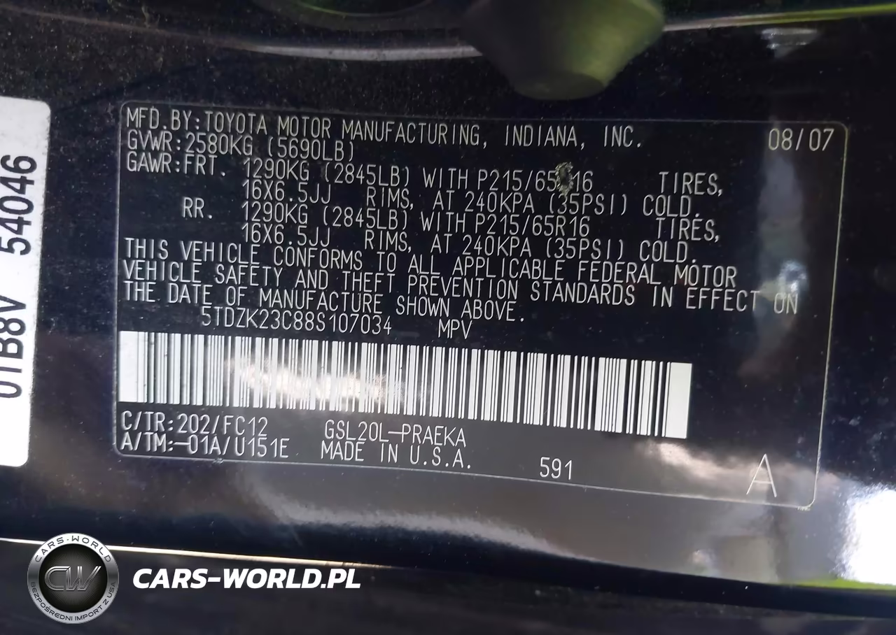 2008 Toyota Sienna Le VIN:5TDZK23C88S107034 - 9