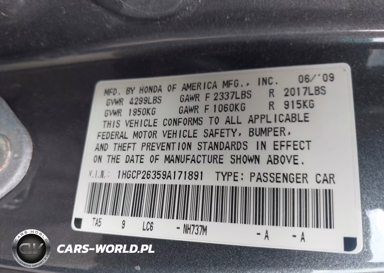 2009 Honda Accord 2.4 Lx VIN:1HGCP26359A171891 - 9