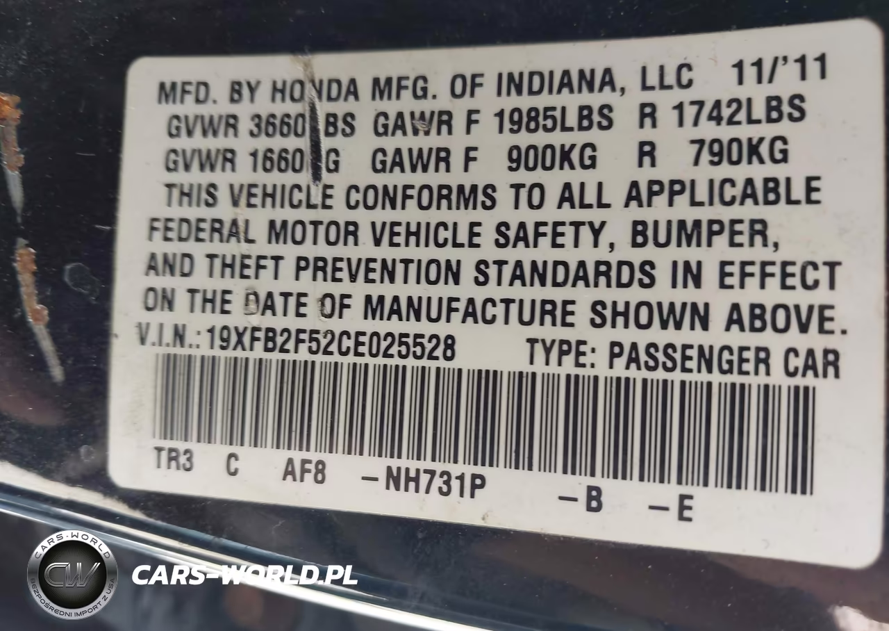 2012 Honda Civic Lx VIN:19XFB2F52CE025528 - 9