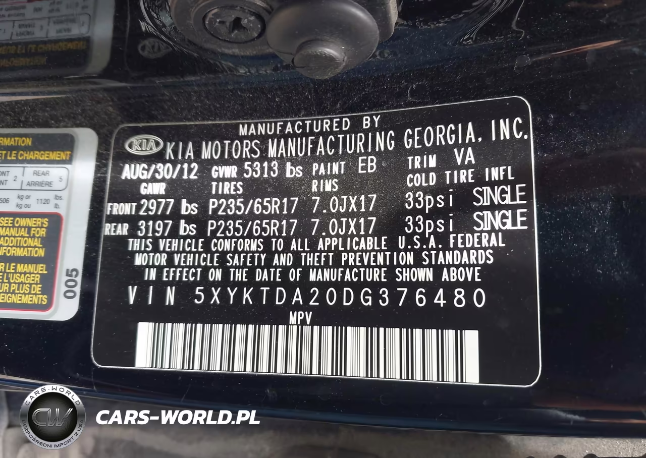 2013 Kia Sorento Lx V6 VIN:5XYKTDA20DG376480 - 9