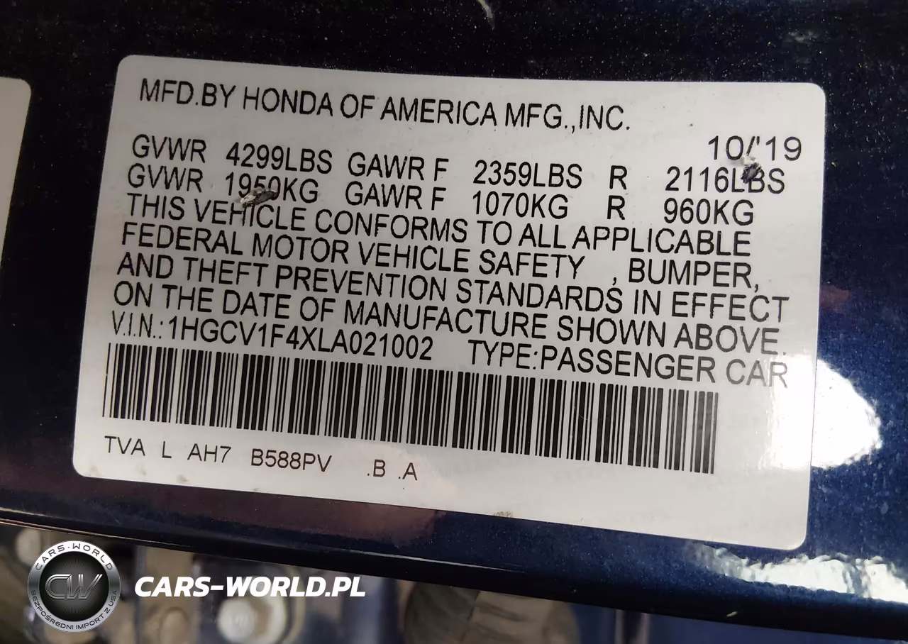 2020 Honda Accord Ex VIN:1HGCV1F4XLA021002 - 9