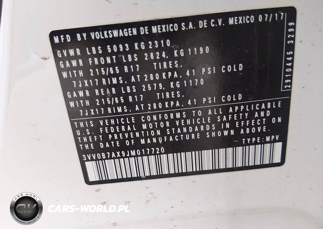 2018 Volkswagen Tiguan 2.0T S VIN:3VV0B7AX9JM017720 - 9
