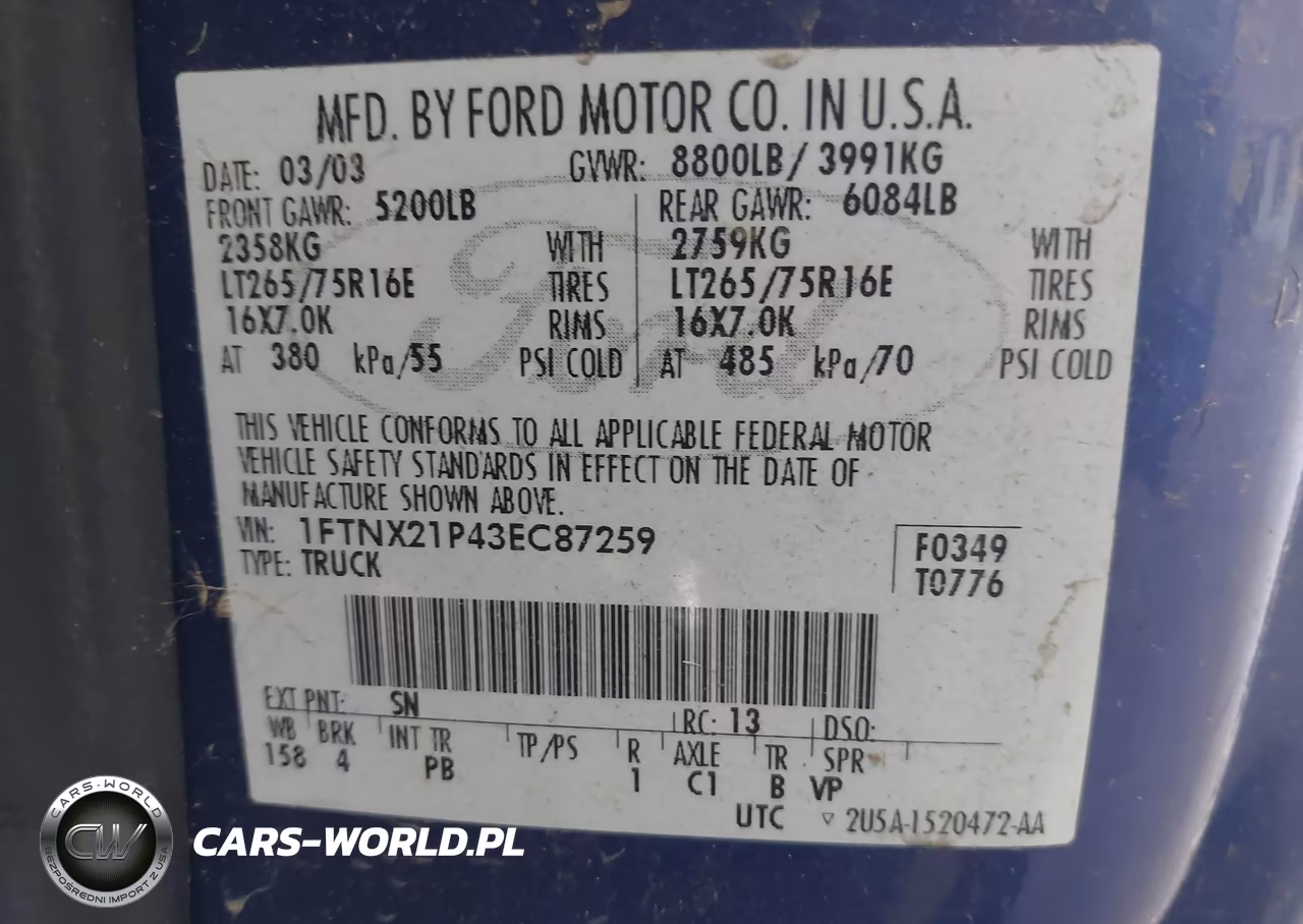2003 Ford F-250 Lariat-Xl-Xlt VIN:1FTNX21P43EC87259 - 9