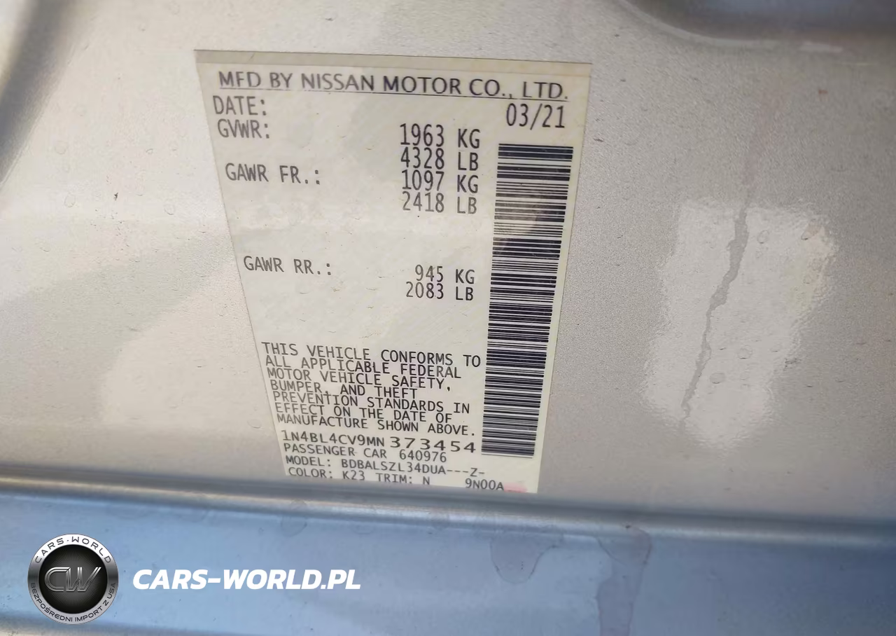 2021 Nissan Altima Sr Fwd VIN:1N4BL4CV9MN373454 - 9