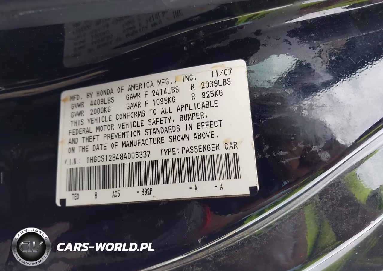 2008 Honda Accord 2.4 Ex-L VIN:1HGCS12848A005337 - 9