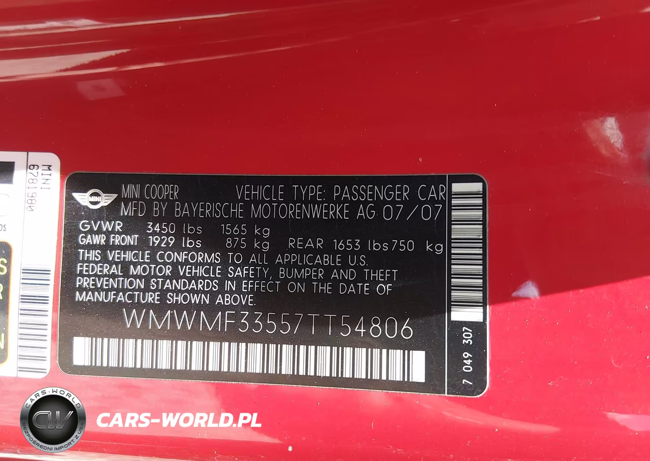 2007 Mini Cooper VIN:WMWMF33557TT54806 - 9