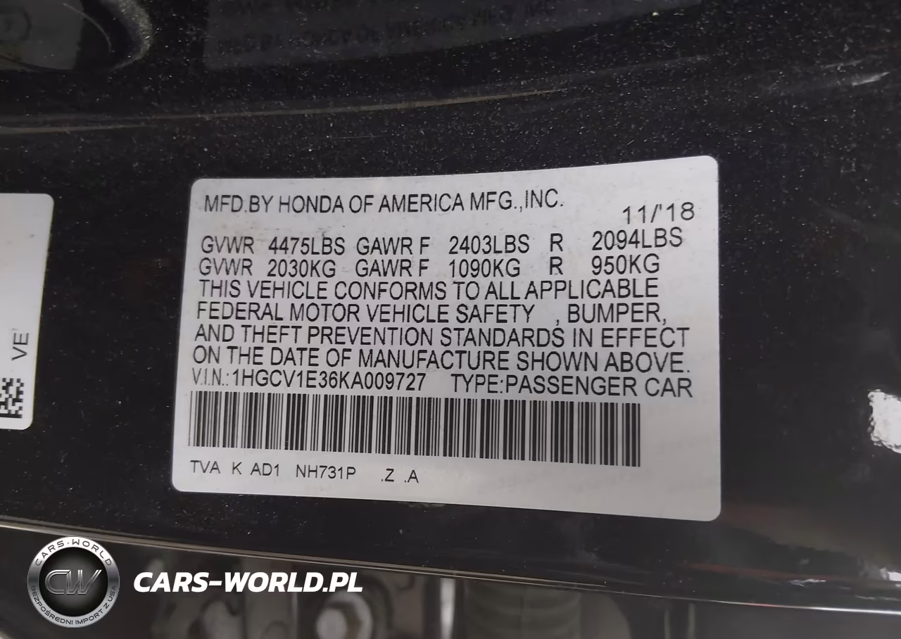 2019 Honda Accord Sport VIN:1HGCV1E36KA009727 - 9