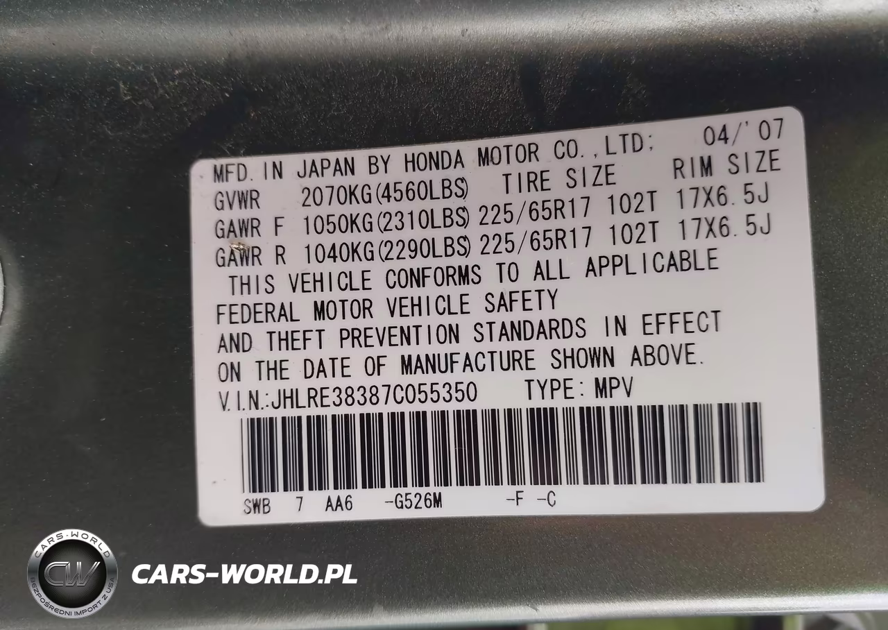 2007 Honda Cr-V Lx VIN:JHLRE38387C055350 - 9