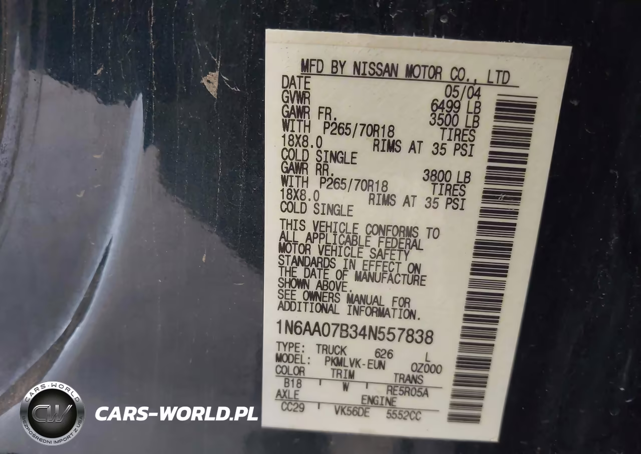 2004 Nissan Titan Le VIN:1N6AA07B34N557838 - 9