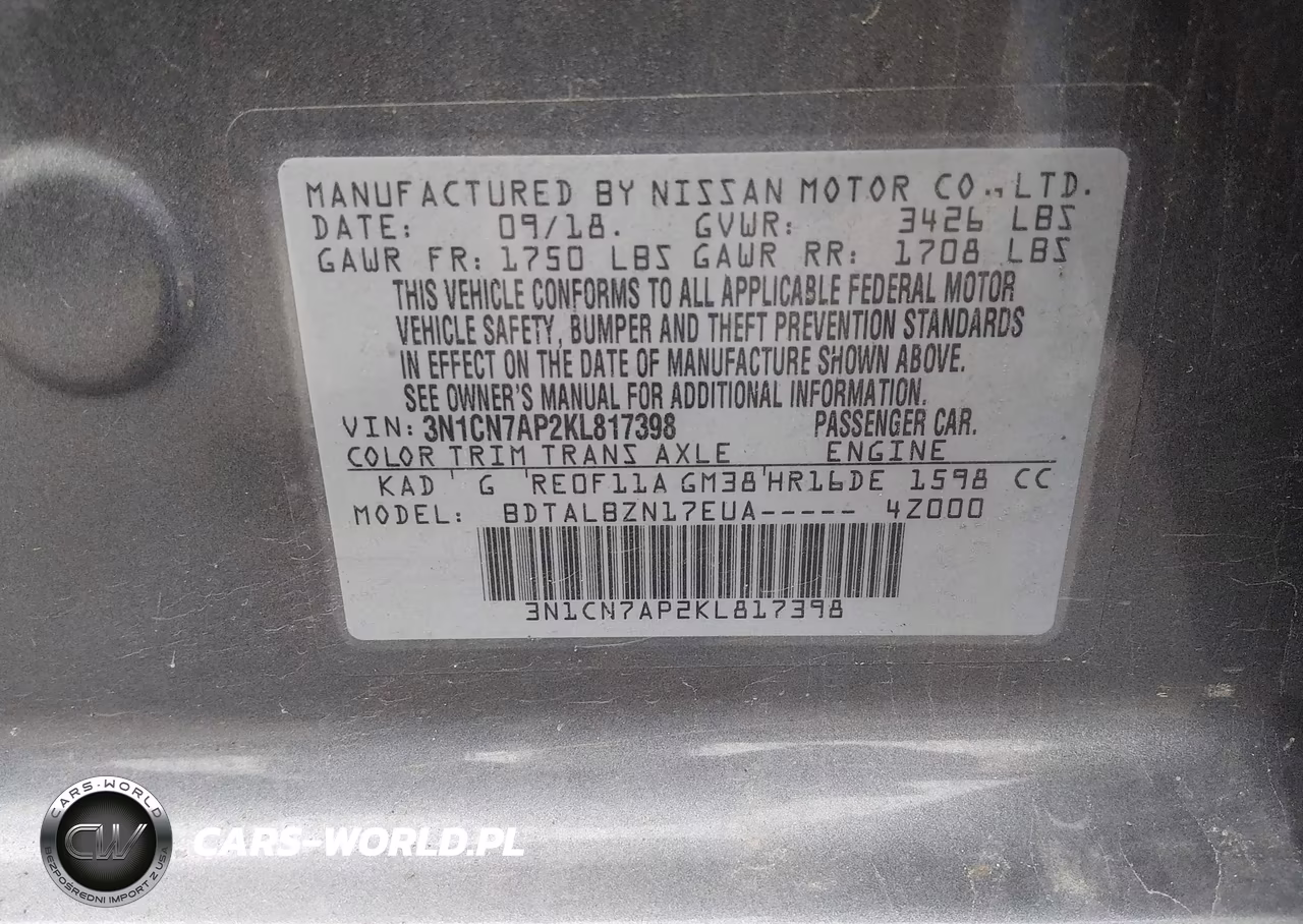2019 Nissan Versa 1.6 Sv VIN:3N1CN7AP2KL817398 - 9