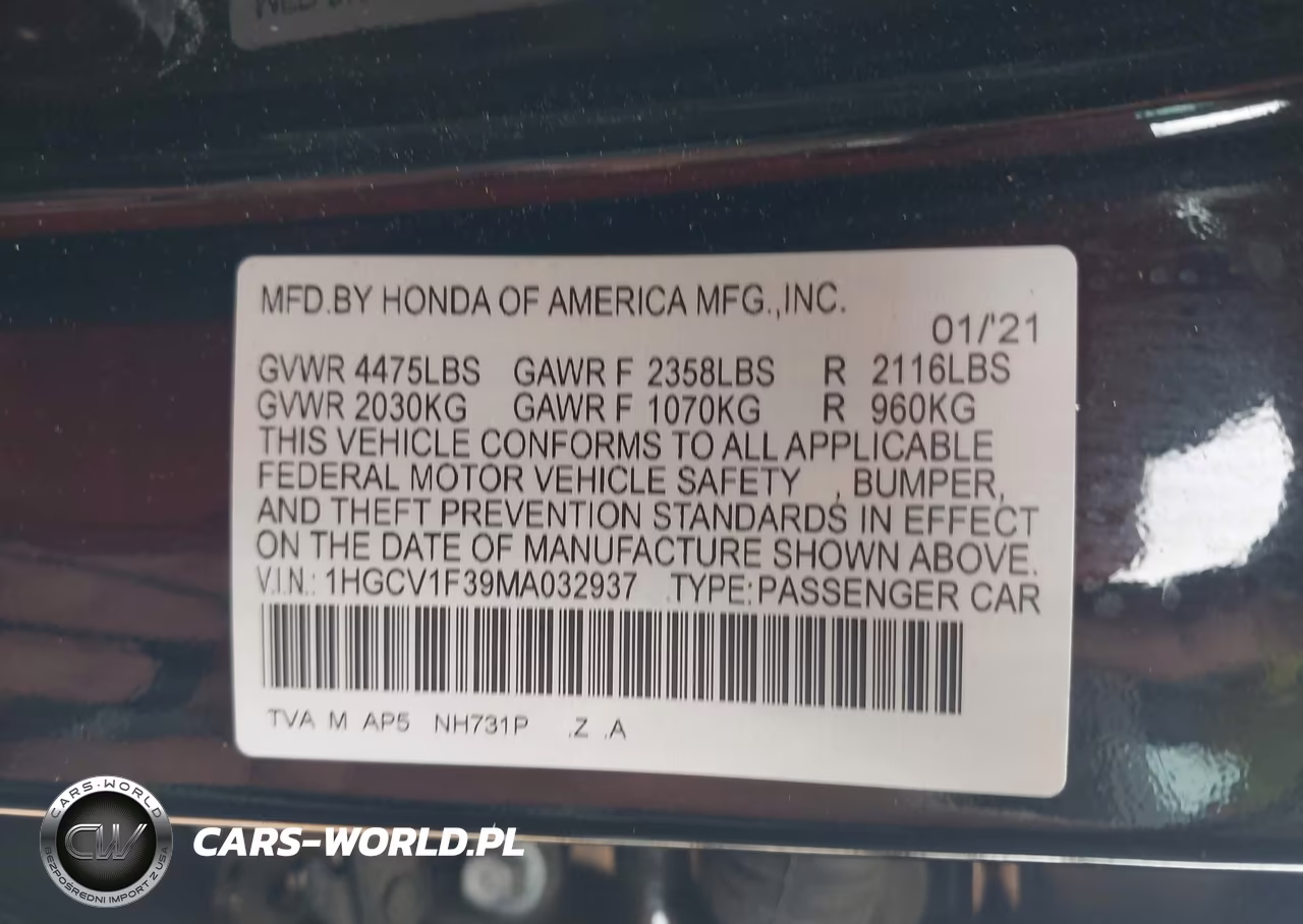 2021 Honda Accord Sport VIN:1HGCV1F39MA032937 - 9