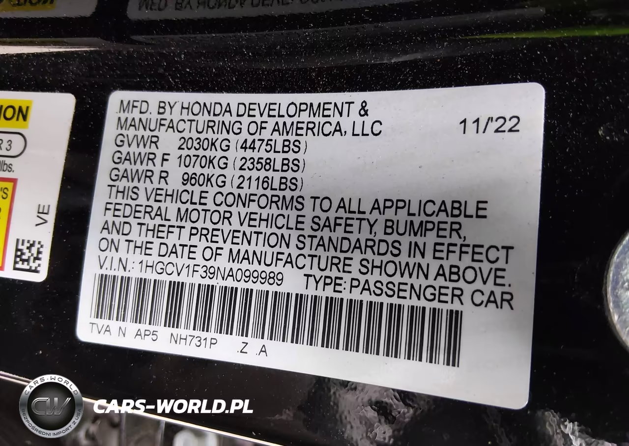 2022 Honda Accord Sport VIN:1HGCV1F39NA099989 - 9