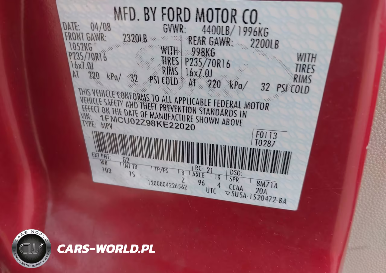 2008 Ford Escape Xls-Xls Manual VIN:1FMCU02Z98KE22020 - 9