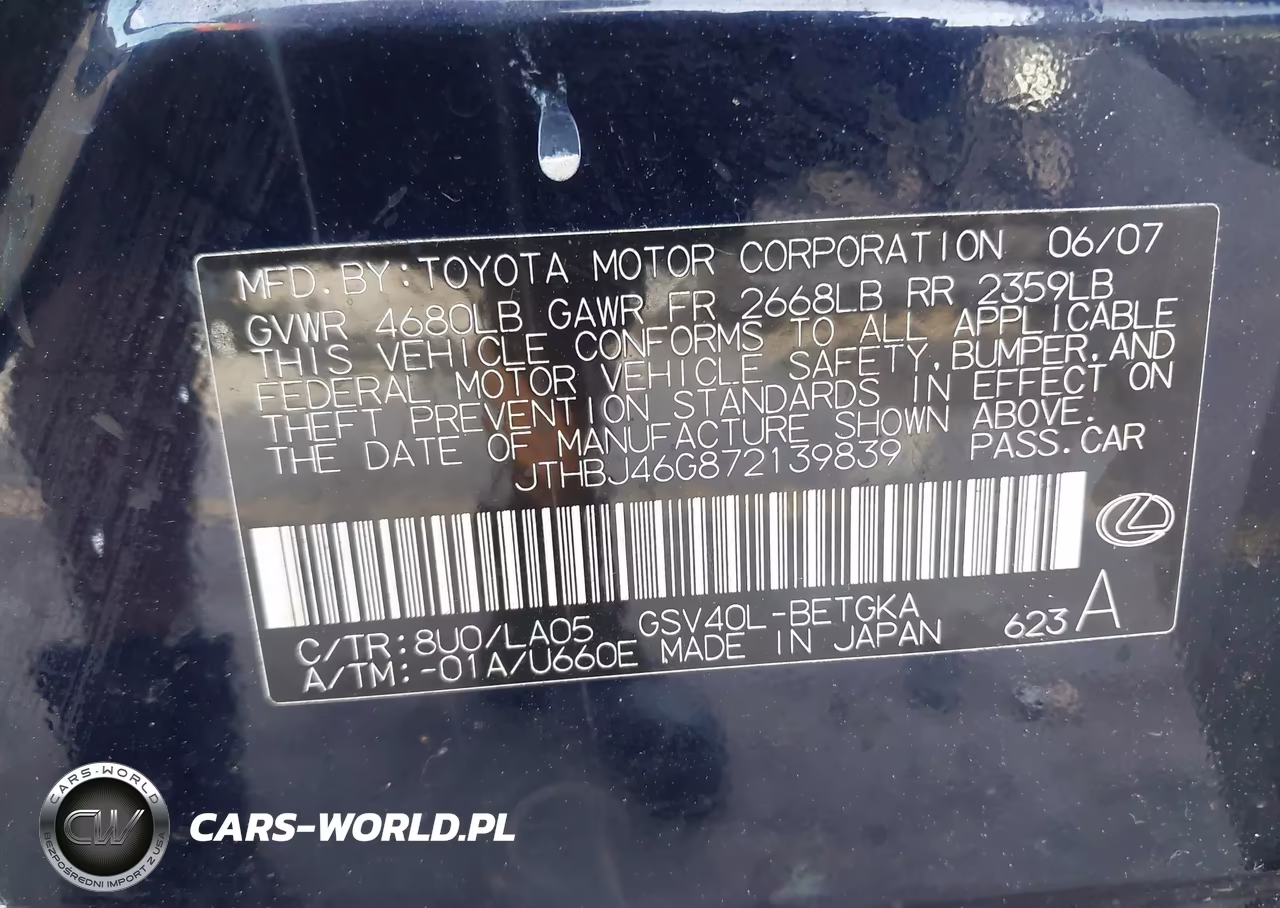 2007 Lexus Es 350 VIN:JTHBJ46G872139839 - 9