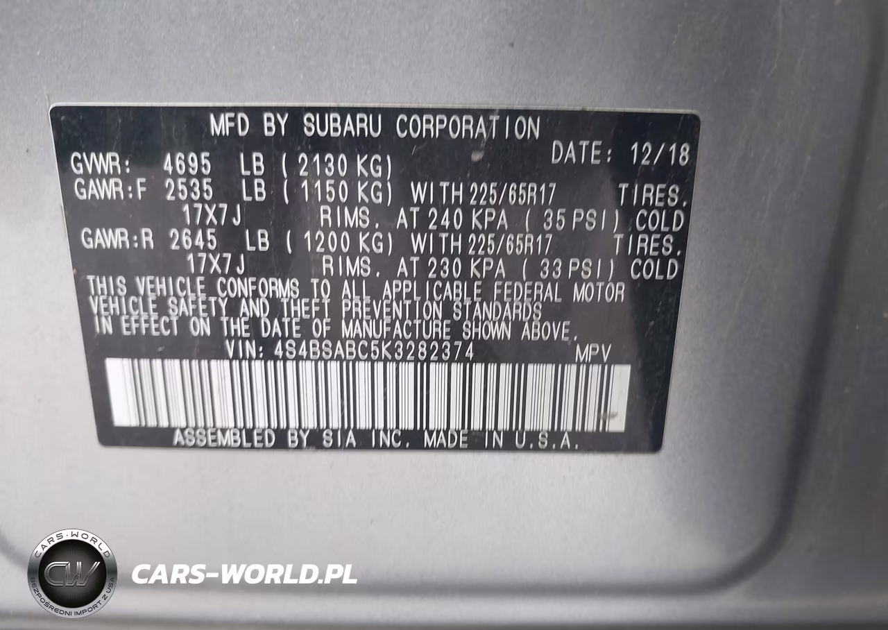 2019 Subaru Outback 2.5I VIN:4S4BSABC5K3282374 - 9