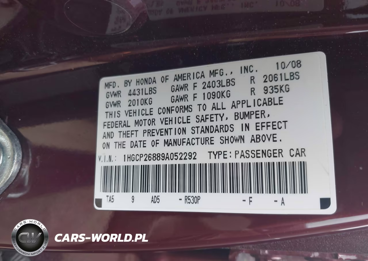 2009 Honda Accord 2.4 Ex-L VIN:1HGCP26889A052292 - 9