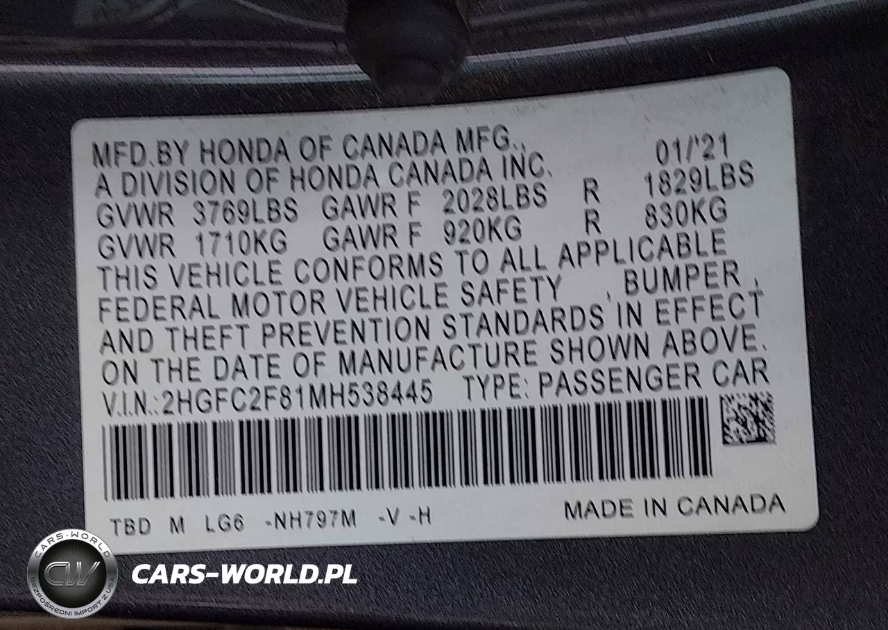2021 Honda Civic Sport VIN:2HGFC2F81MH538445 - 9