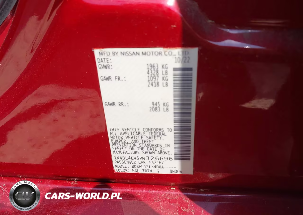 2023 Nissan Altima Sl Fwd VIN:1N4BL4EV5PN326696 - 9