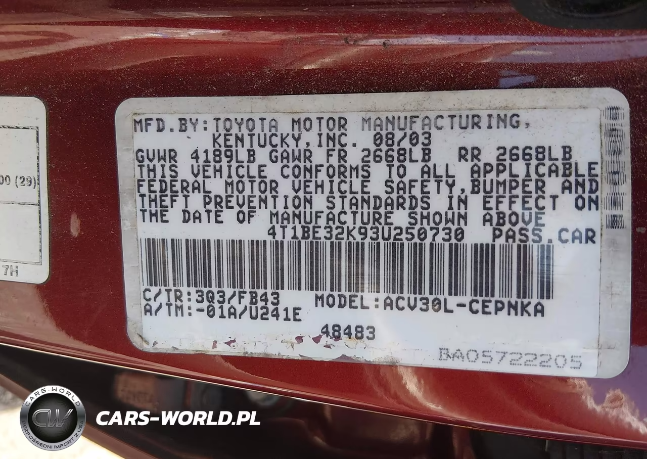 2003 Toyota Camry Le VIN:4T1BE32K93U250730 - 9