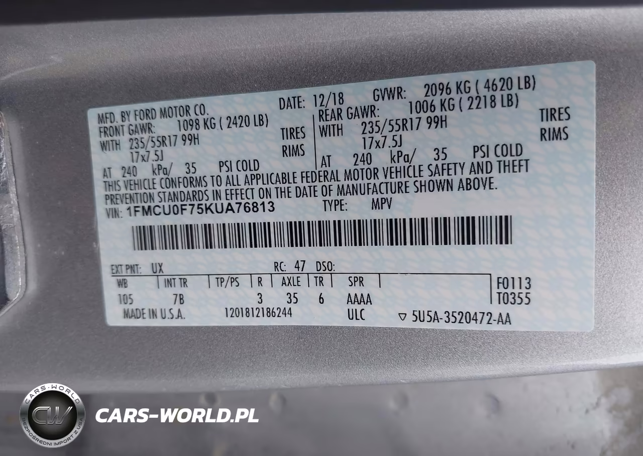 2019 Ford Escape S VIN:1FMCU0F75KUA76813 - 9