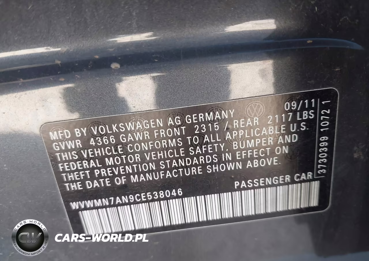 2012 Volkswagen Cc Sport VIN:WVWMN7AN9CE538046 - 9