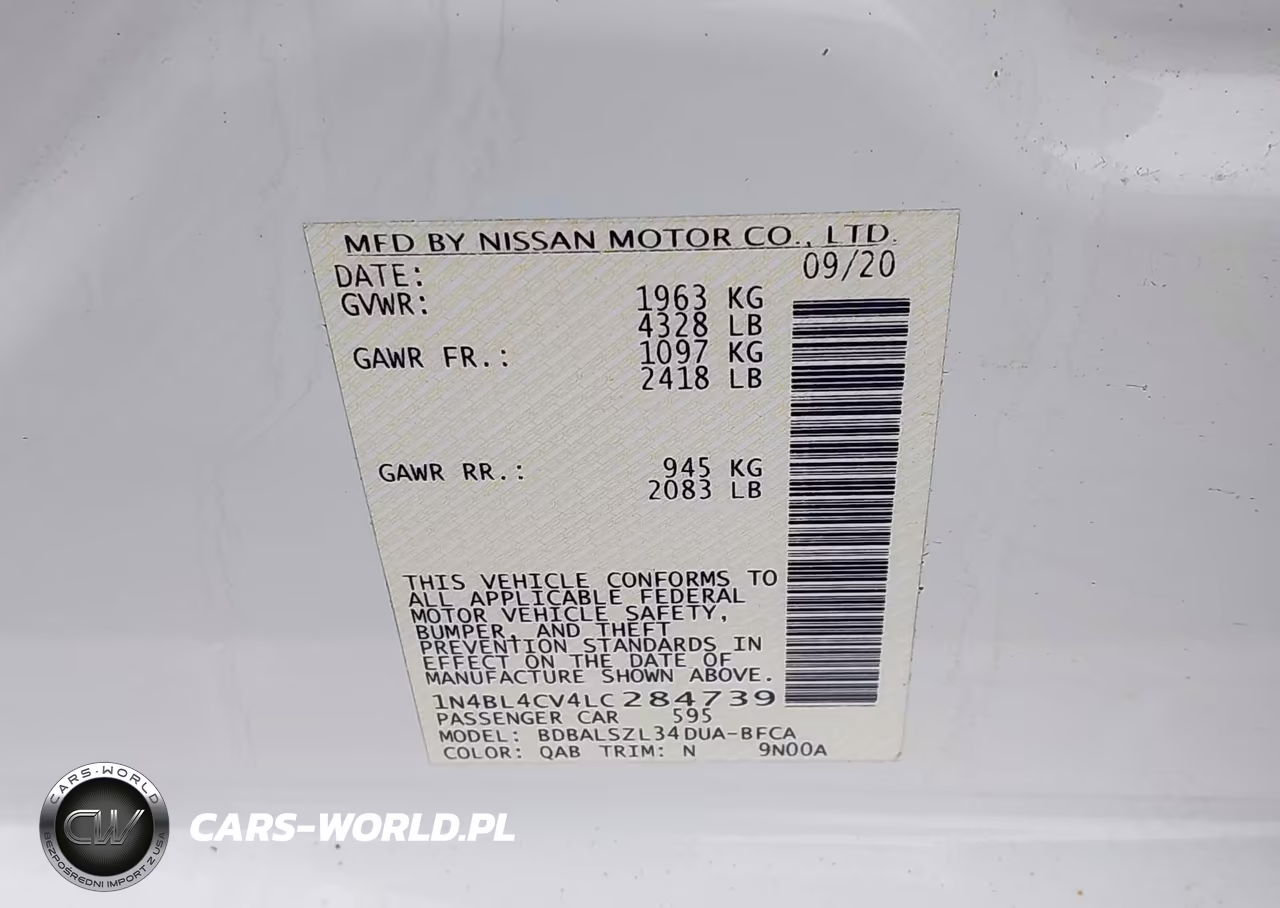 2020 Nissan Altima Sr Fwd VIN:1N4BL4CV4LC284739 - 9