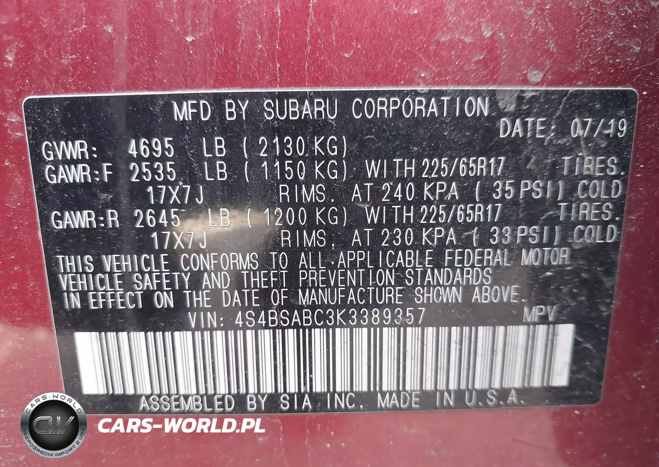 2019 Subaru Outback 2.5I VIN:4S4BSABC3K3389357 - 9