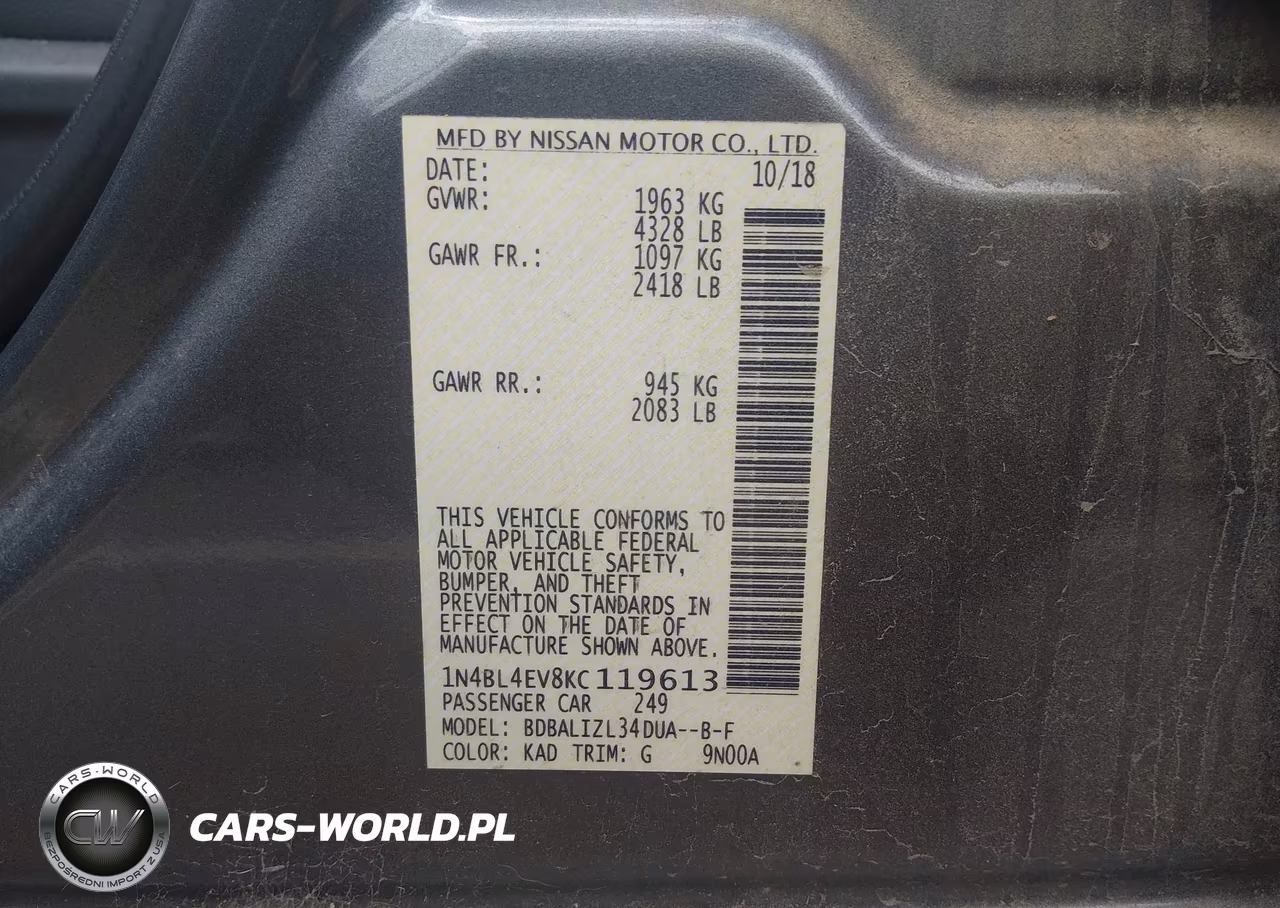 2019 Nissan Altima 2.5 Sl VIN:1N4BL4EV8KC119613 - 9