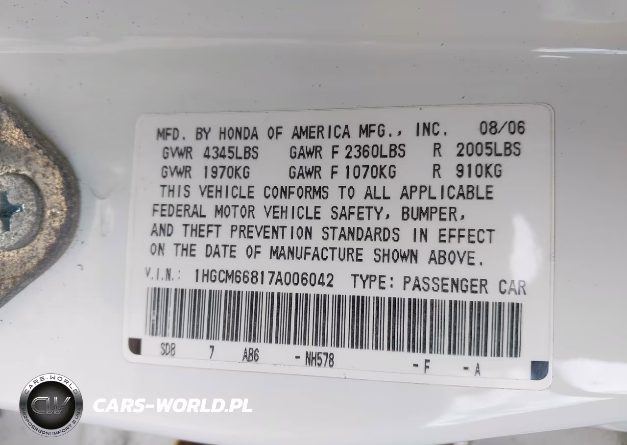 2007 Honda Accord 3.0 Ex VIN:1HGCM66817A006042 - 9