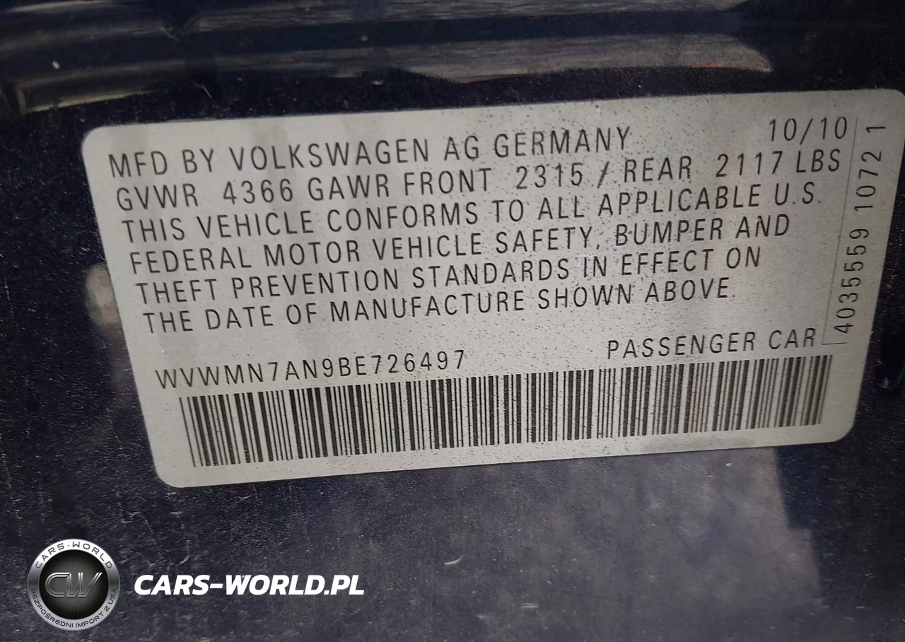 2011 Volkswagen Cc Sport VIN:WVWMN7AN9BE726497 - 9