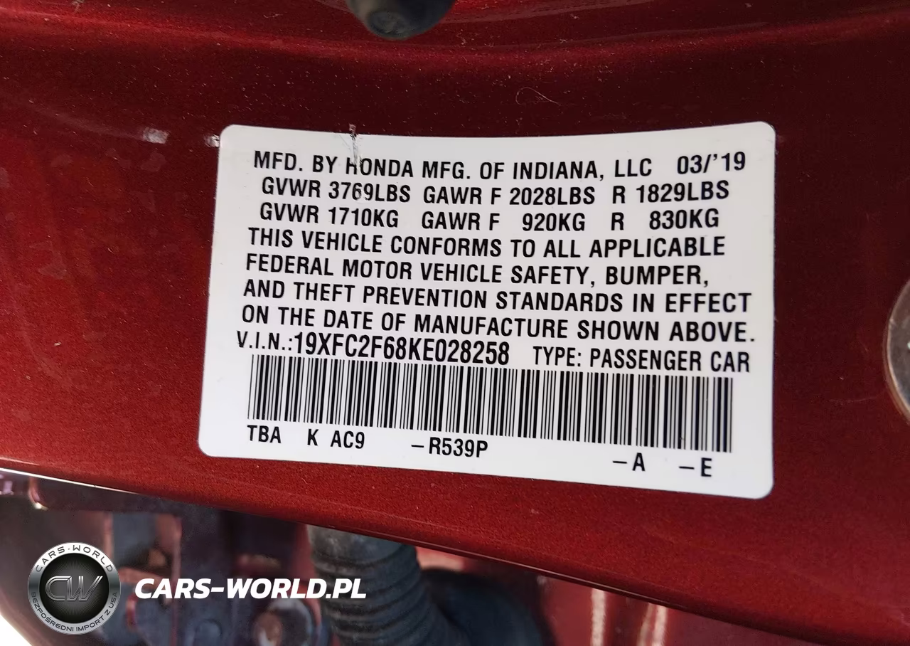 2019 Honda Civic Lx VIN:19XFC2F68KE028258 - 9