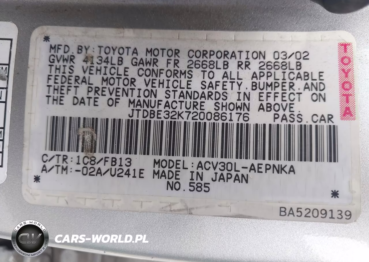 2002 Toyota Camry Le VIN:JTDBE32K720086176 - 9