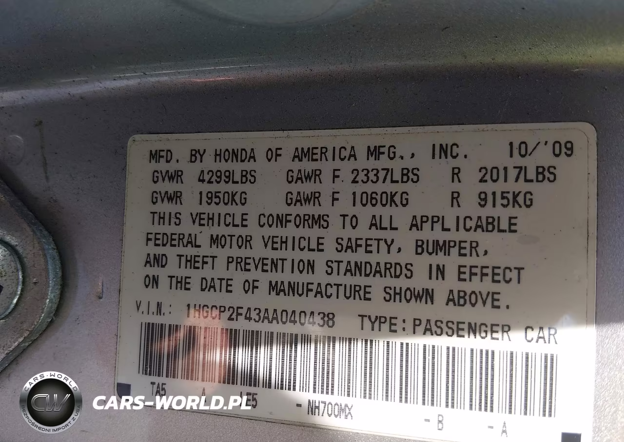 2010 Honda Accord 2.4 Lx-P VIN:1HGCP2F43AA040438 - 9