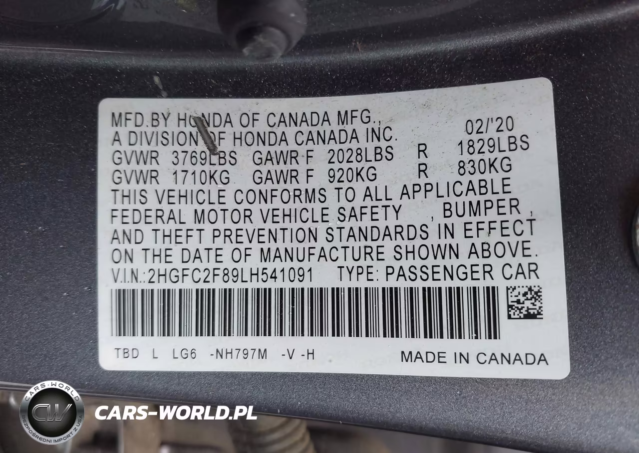 2020 Honda Civic Sport VIN:2HGFC2F89LH541091 - 9