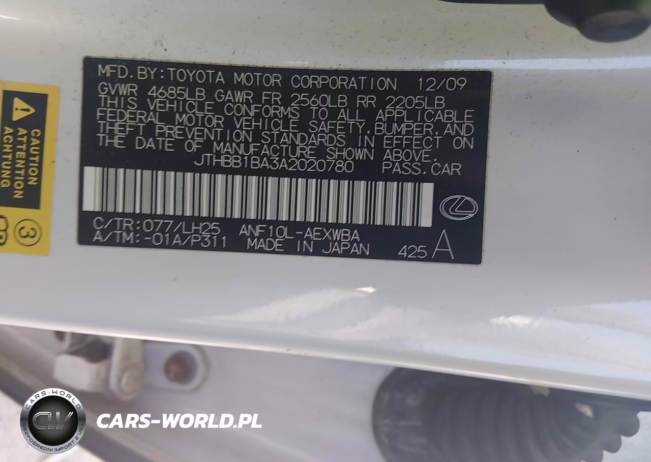 2010 Lexus Hs 250H Premium VIN:JTHBB1BA3A2020780 - 9