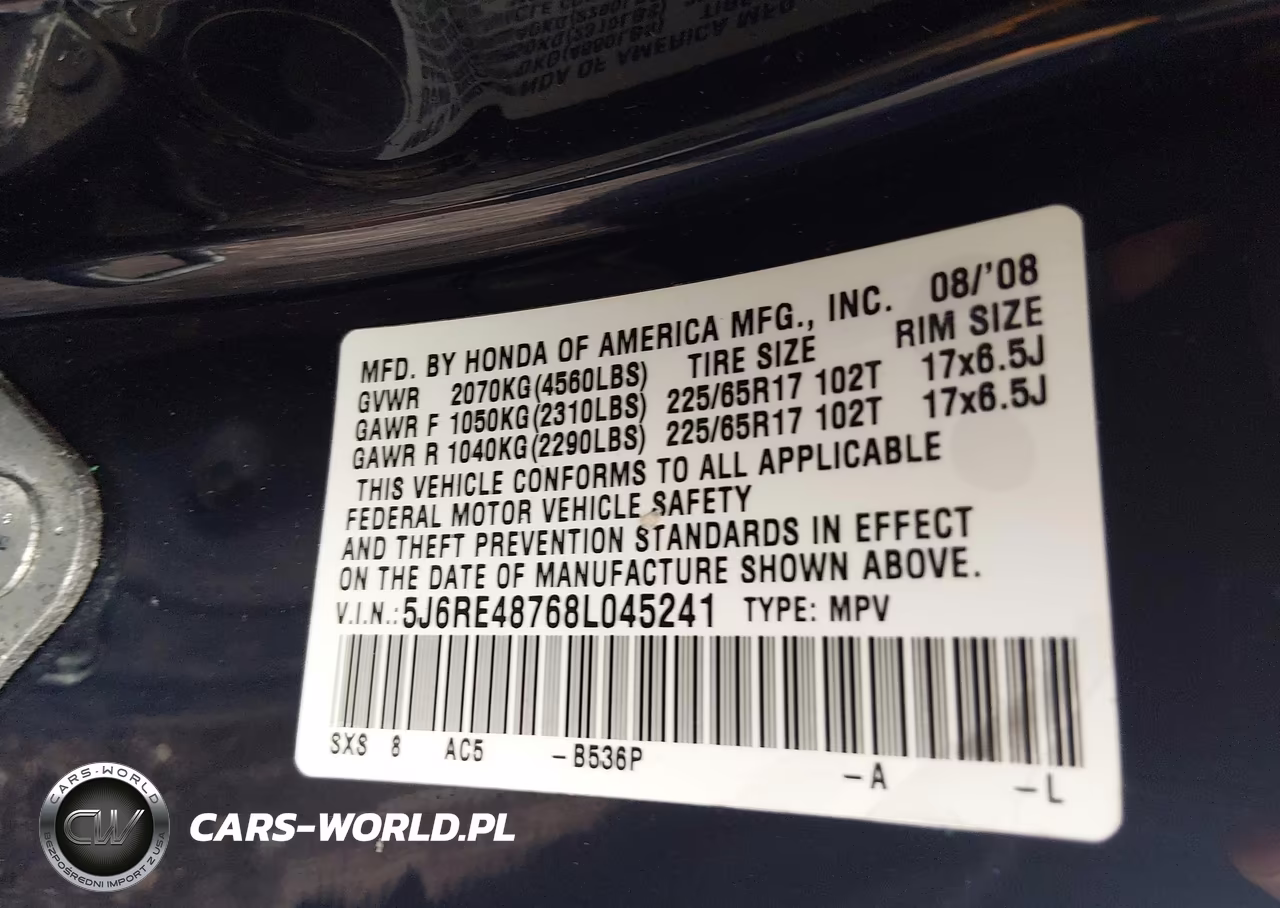 2008 Honda Cr-V Ex-L VIN:5J6RE48768L045241 - 9
