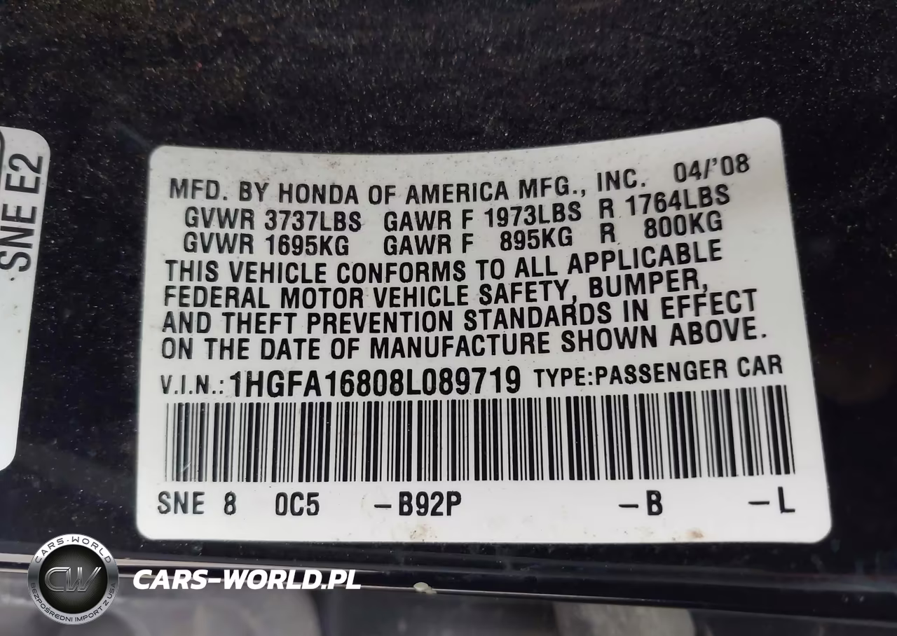 2008 Honda Civic Ex VIN:1HGFA16808L089719 - 9