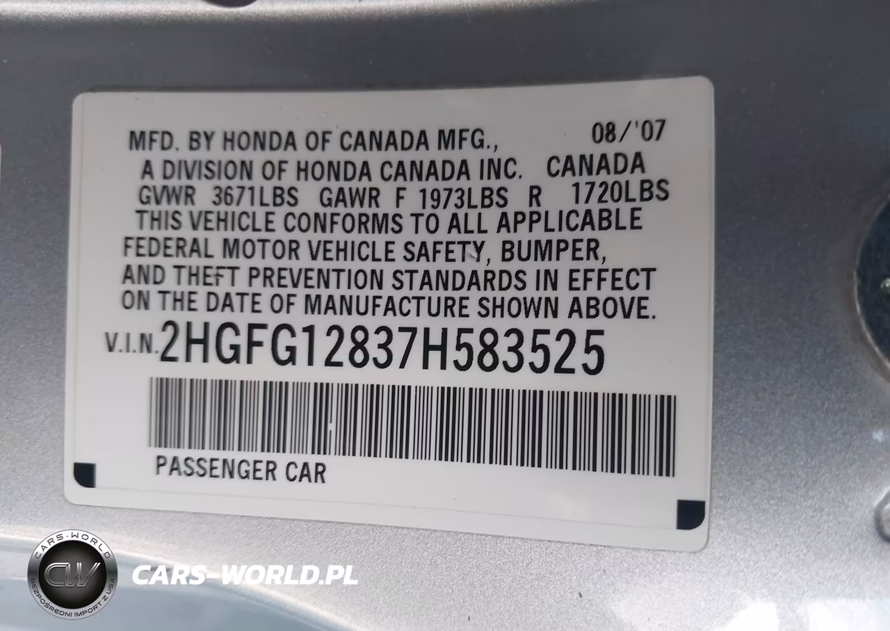 2007 Honda Civic Ex VIN:2HGFG12837H583525 - 9