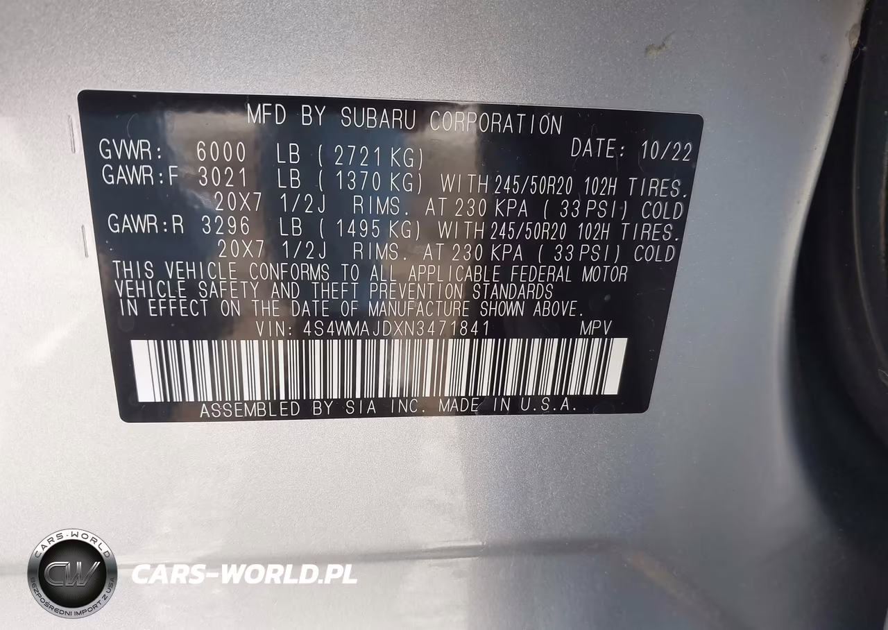 2022 Subaru Ascent Onyx Edition VIN:4S4WMAJDXN3471841 - 9