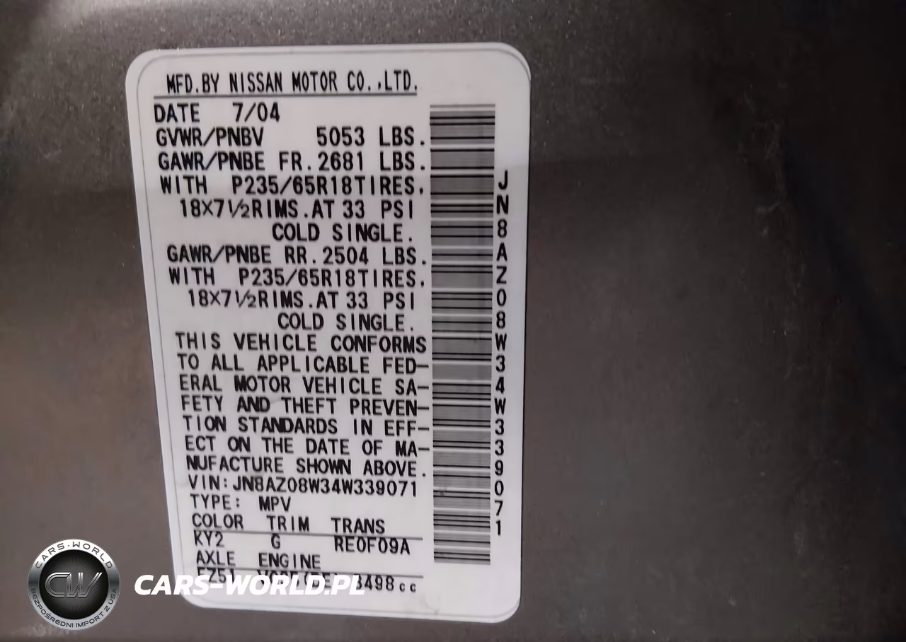 2004 Nissan Murano Se VIN:JN8AZ08W34W339071 - 9